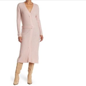 StitchDrop Belted V-Neck Midi Sweater Dress